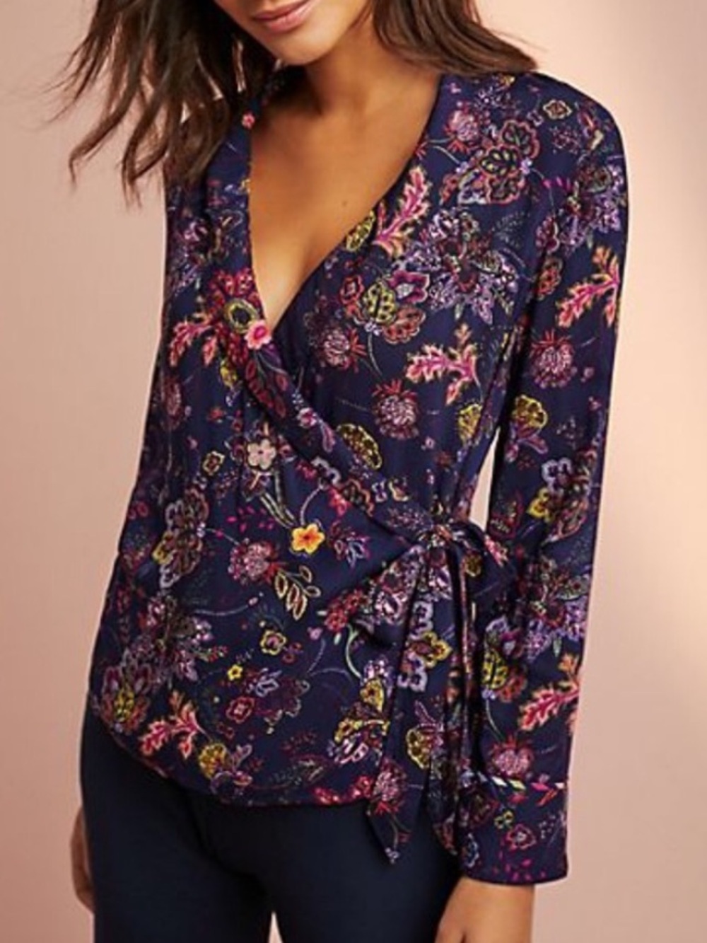 Anthropologie Floreat Navy & Purple Floral Wrap Sleep Shirt, size XS